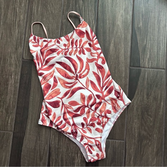 Anthropologie Seea Floral Leaf One Piece Swimsuit in Orange White Sz M - Picture 1 of 7